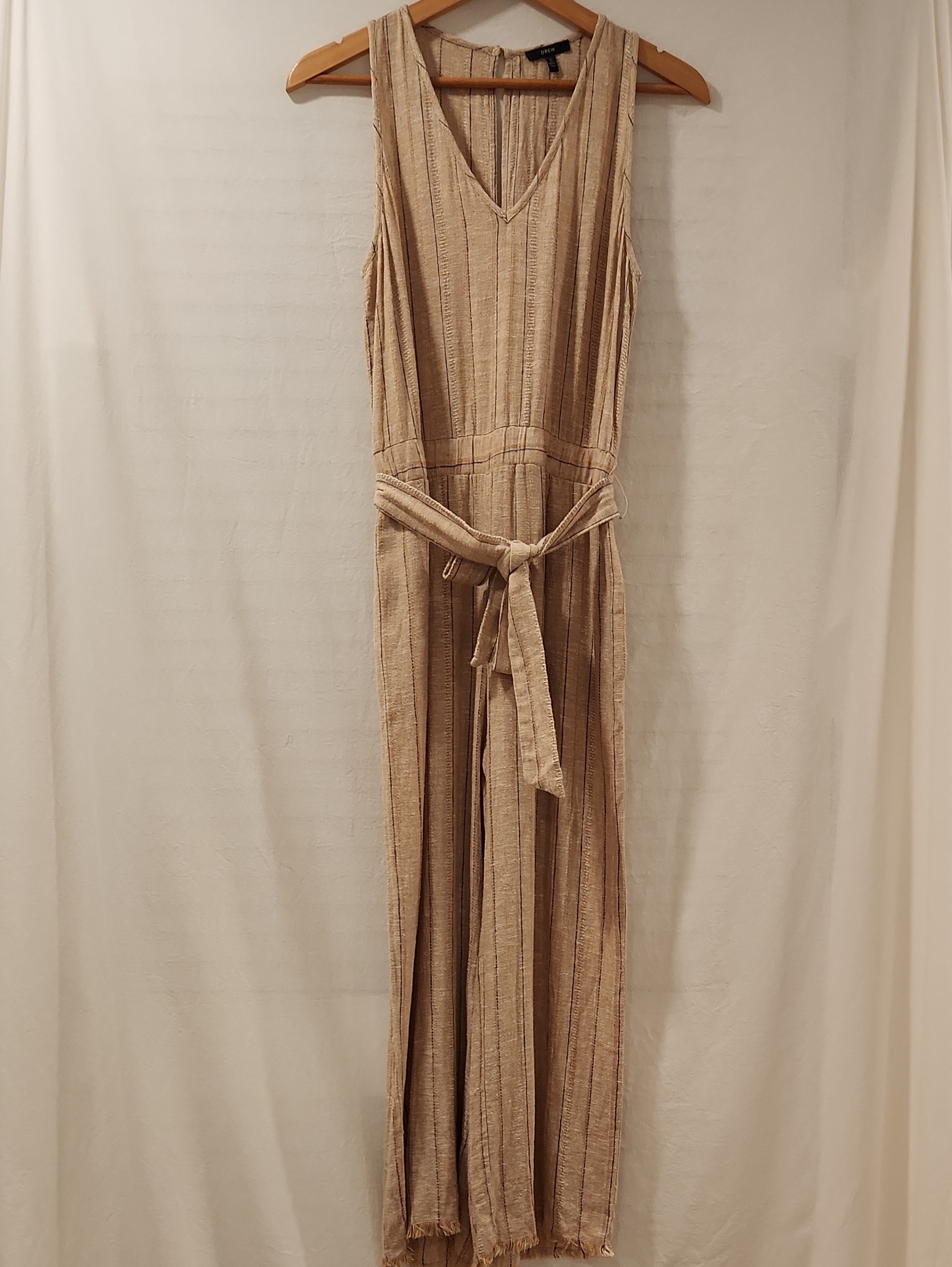 Drew By Anthropologie Linen Blend Raw Fringed Hem Natural Burlap Jumpsuit Size S